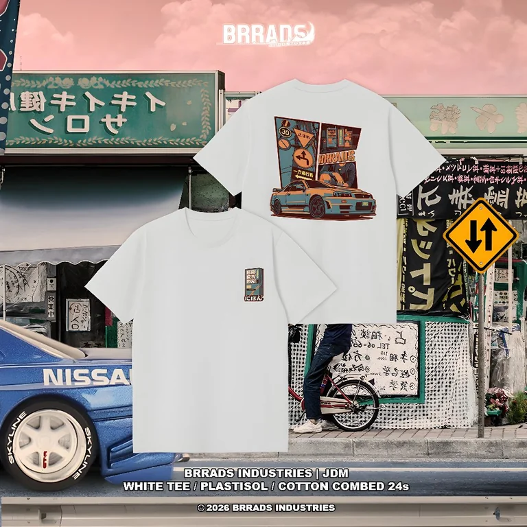 Tampilan depan dan belakang kaos putih BRRADS JDM dengan ilustrasi mobil